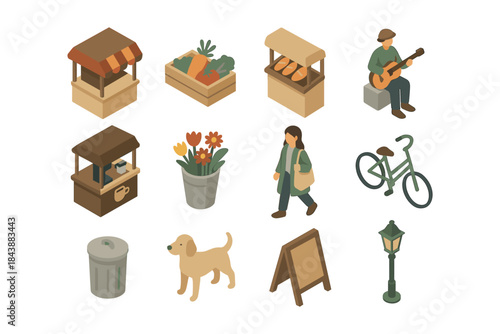 Charming market and street life icons in isometric style featuring musicians and vendors