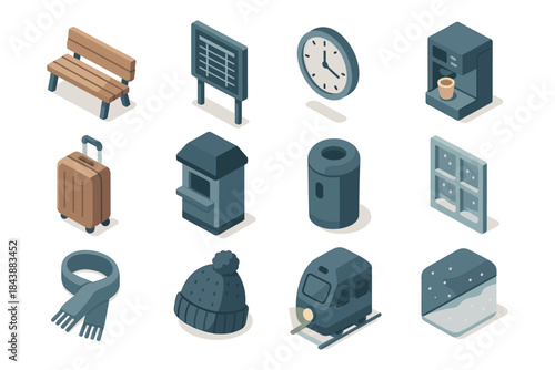 Isometric urban winter essentials: transport, time, and comfort elements