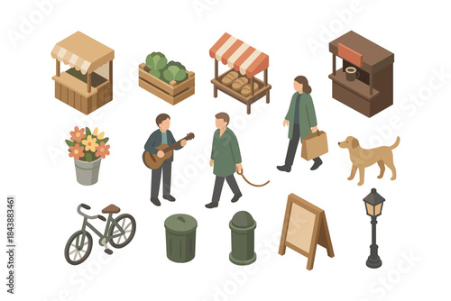Isometric market scene with vendors, musicians, and everyday elements