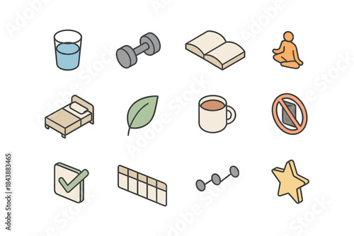 Isometric health and wellness icons: fitness, yoga, nutrition, sleep, mindfulness