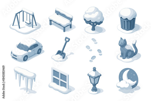 Isometric winter icons: snow-covered objects for seasonal design projects