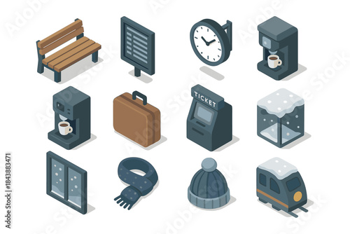 Winter travel isometric icons featuring train, coffee machine, snowy scenery, and accessories