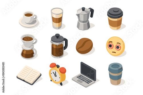 Isometric coffee icons with kitchenware and emotion elements