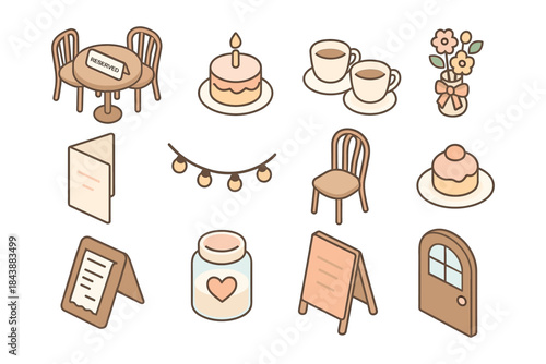Charming cafe elements: cozy decor, delicious treats, and inviting ambiance icons