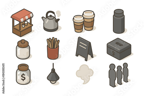Isometric coffee shop elements: kettle, cups, fry box, and signage icons for cafes