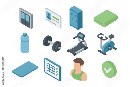 Isometric gym equipment icons set with training essentials and accessories