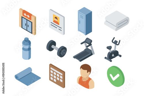 Isometric gym equipment and fitness icons set for health and exercise designs