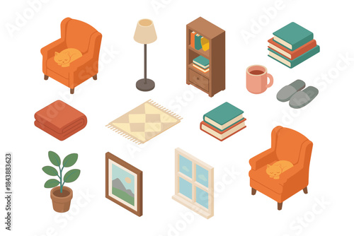 Cozy interior elements with isometric design featuring books, furniture, and home decor