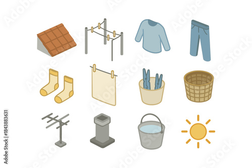 Home laundry: isometric clothesline and accessories collection