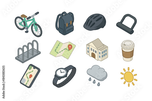 Isometric bicycle and travel essentials set with map and weather icons