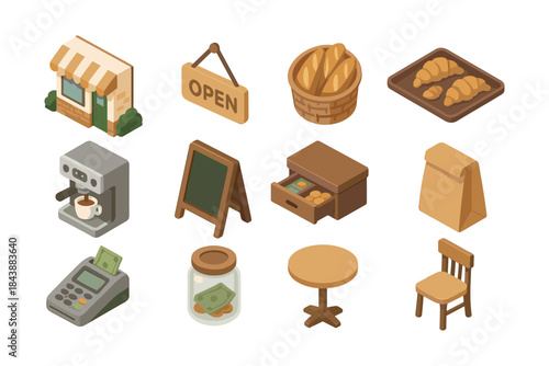 Isometric bakery elements with cafe icons and bread shop equipment