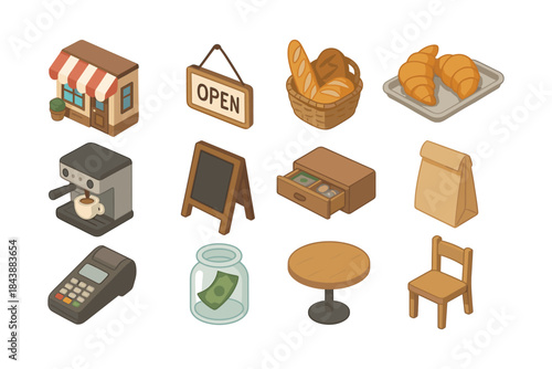 Cozy bakery essentials: isometric set of cafe icons featuring bread, coffee, and more