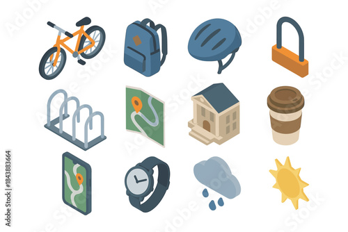 Urban commuter essentials: isometric icons of bicycles, backpacks, and sustainable transport elements