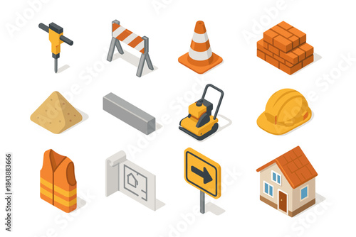 Isometric construction icons set featuring tools, equipment, and safety gear