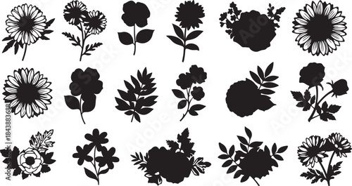 Assortment of floral silhouette flowers bloom also transparent background