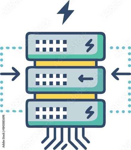 Data Center Server Stack with Lightning Bolt Symbolizing High Performance Computing
