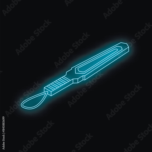 Neon blue scalpel dripping with liquid, futuristic medical tool, science fiction surgery concept