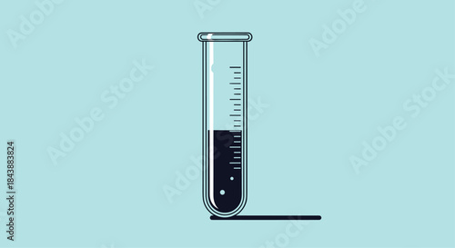 Minimalist illustration of a glass test tube containing a dark liquid with bubbles, casting a shadow on a light blue background.
