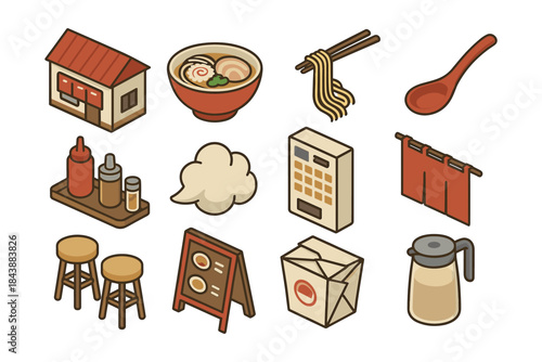 Isometric ramen icons set: japanese restaurant elements and food in flat style