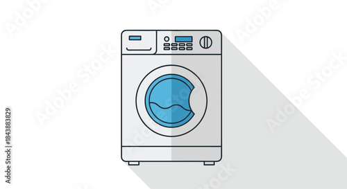 Flat design line art illustration of a front-loading washing machine, casting a long shadow on a clean white background.