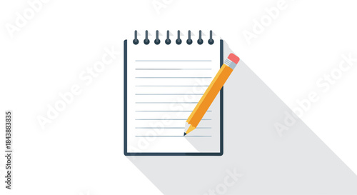 Flat design icon of a spiral notepad with lined paper and a yellow pencil, casting a long shadow on a white background.