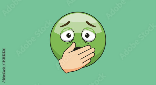 Cartoon illustration of a green-faced nauseous or sick emoji with worried eyes, covering its mouth with a hand now.
