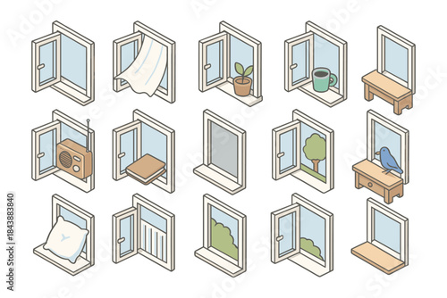 Charming isometric window scenes with everyday objects and nature elements