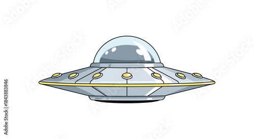 Detailed pixel art illustration of a classic silver flying saucer or UFO with a glass dome, isolated on a white background.
