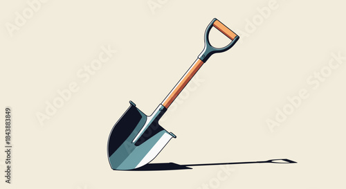 Detailed, classic illustration of a spade shovel with a wooden handle, stuck in the ground on a light cream background.