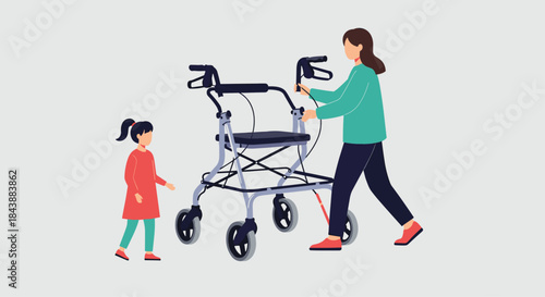 A flat style illustration of a woman caregiver or mother helping a little girl learn to use a four-wheeled medical walker.
