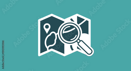 A white silhouette icon of a folded map and a magnifying glass, for finding a location, on a solid teal background.