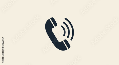 Simple, dark silhouette icon of a ringing telephone handset with sound waves, presented on a light cream-colored background.