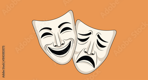 A classic illustration of the theater masks of comedy and tragedy, representing drama, on a solid dark orange background.