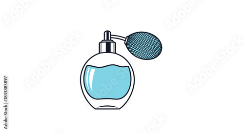 A vintage-style, detailed pixel art illustration of a glass perfume bottle with a classic blue atomizer bulb sprayer.