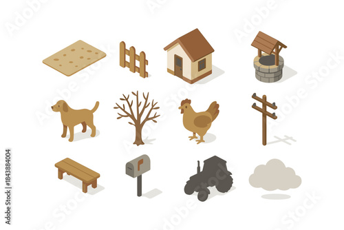 Isometric farm elements: barn, tractor, animals, landscape tools and icons