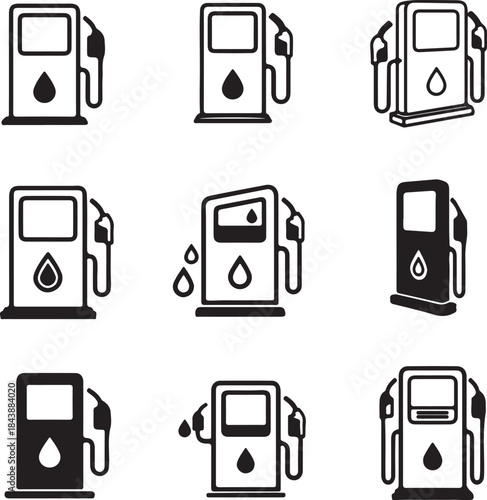 Set of stylized black and white gas pump fuel dispenser petrol station also transparent background
