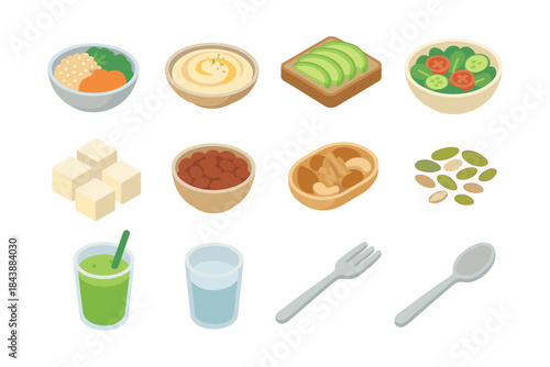 Delicious plant-based breakfast foods in isometric style for healthy living