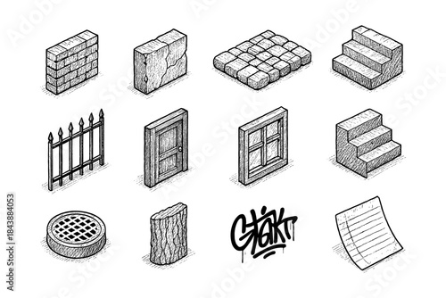 Hand-drawn urban elements collection: brick, stone, wood, metal structures and graffiti art