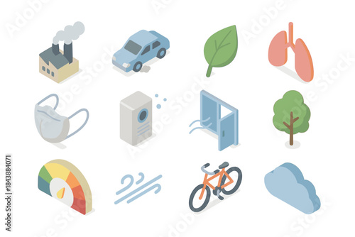 Isometric environmental health icons featuring air quality, transportation, and nature