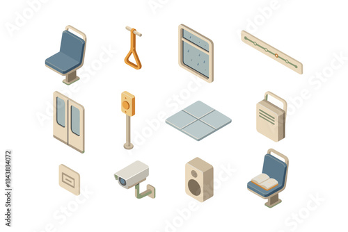 Isometric icons of public transport: seats, windows, safety and more