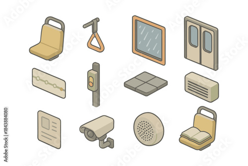 Isometric transit icons set: seating, doors, windows, map, and more for urban design