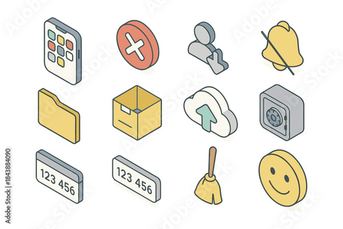 Isometric icons set featuring cloud upload, folder, lockbox, and user interface elements