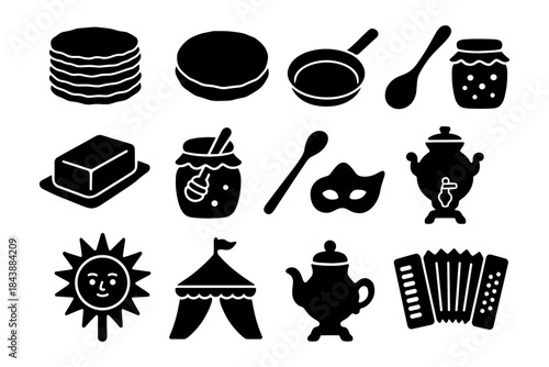 Traditional russian icons: pancakes, samovar, balalaika, and more in bold silhouette style