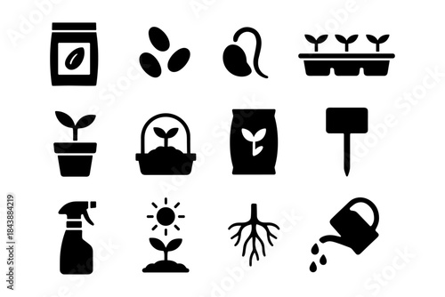 Silhouette gardening icons: seeds, plants, and tools for eco-friendly horticulture