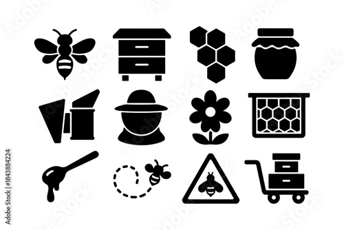Silhouette icons of beekeeping equipment and symbols