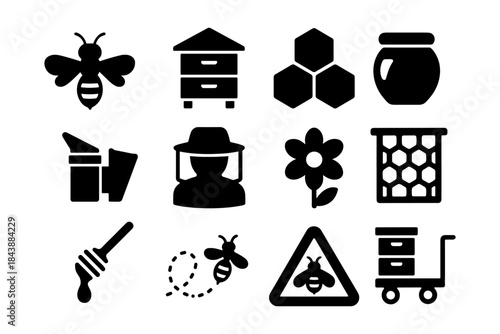 Beekeeping icon set: silhouette designs of bees, hives, honeycombs, jars, and tools