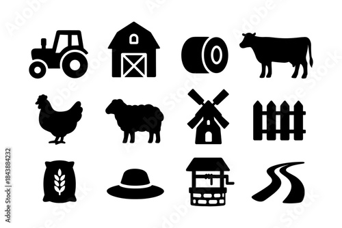 Silhouette icons of farm life: barn, tractor, animals, and more