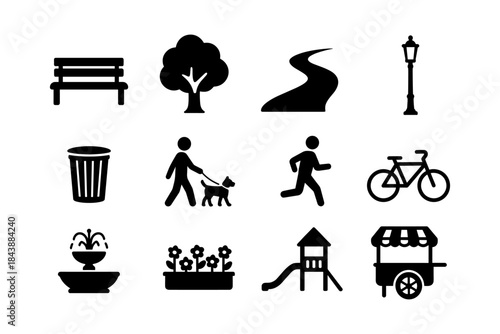 Urban park icons set: silhouette designs featuring nature, recreation, and city life