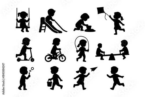Silhouette children playing outdoors: swing, slide, kite, and more