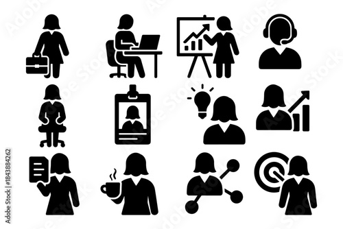 Business icons set featuring women in professional settings and activities